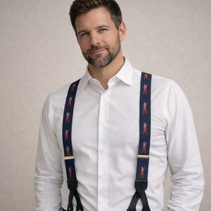 Vtg Pelican USA Golf Suspenders Navy Golfer Motif Button Leather Braces Preppy